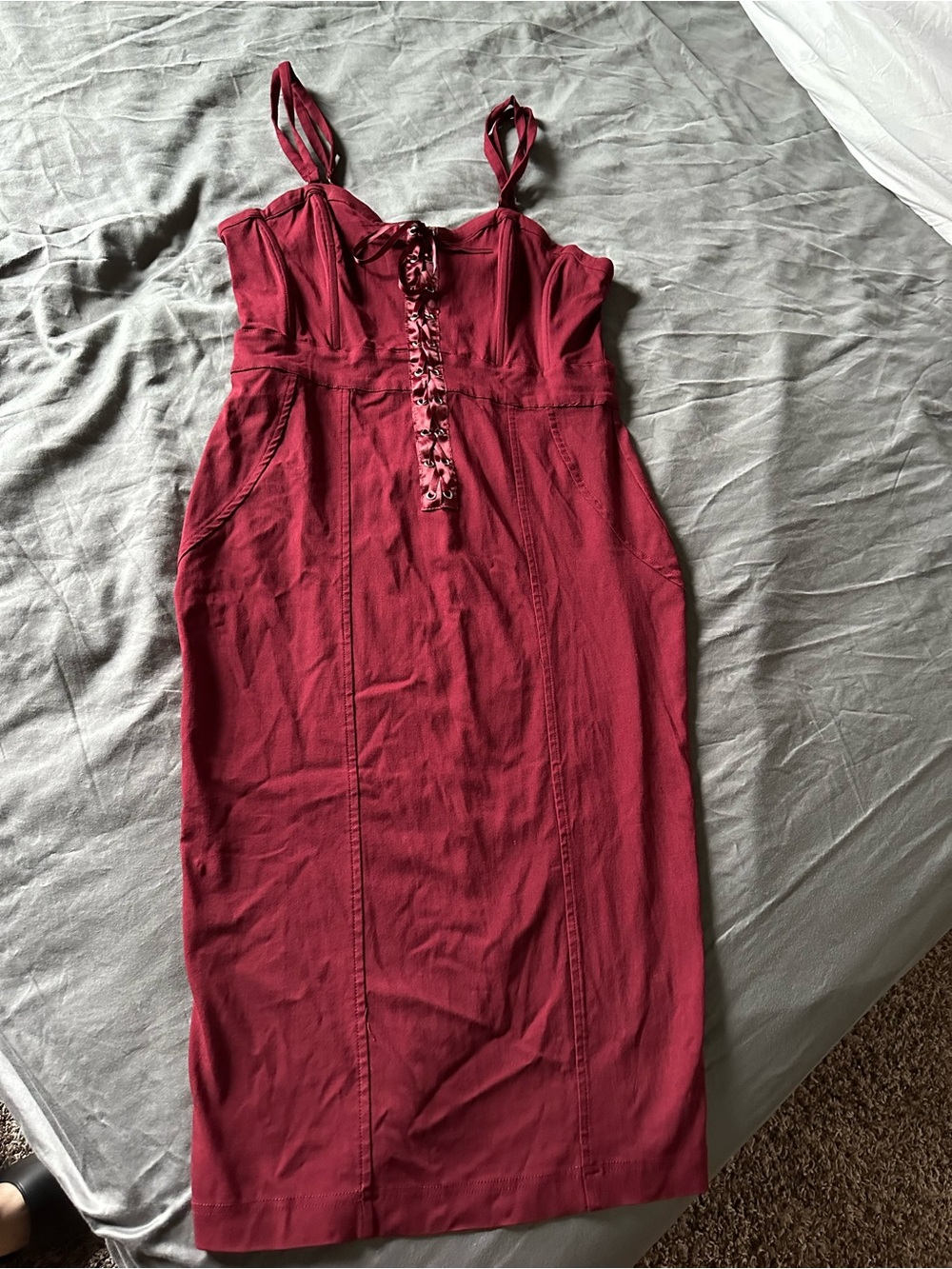 Unique Vintage Burgundy Midi Dress with Lace-Up Bodice